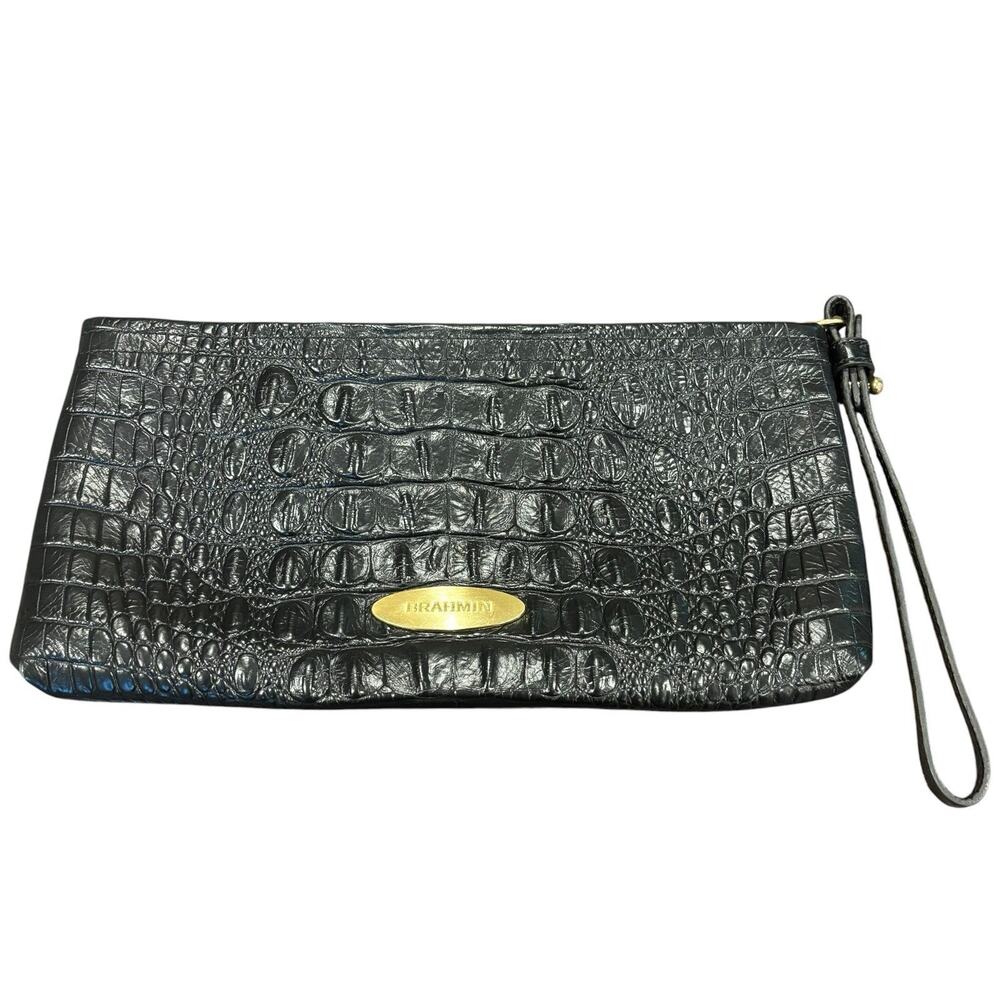 Brahmin Rosalyn Black Melbourne Croc Embossed Leather Clutch Removable Wristlet